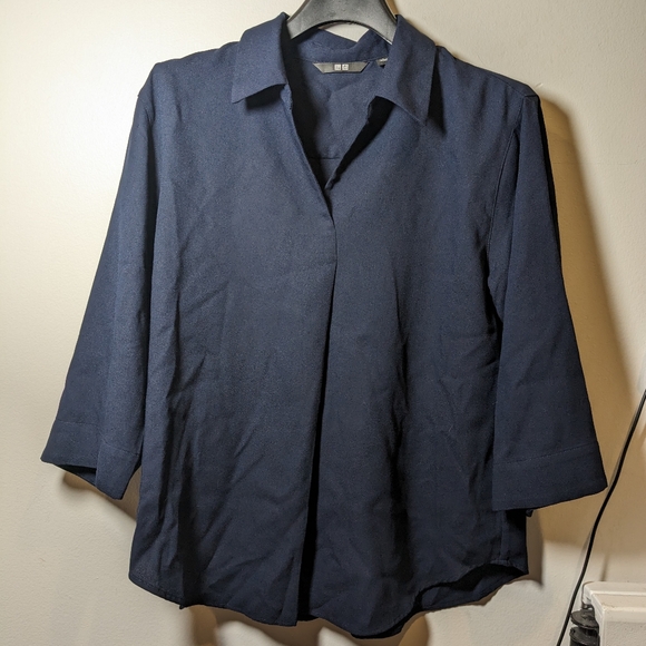 Uniqlo Collar Skipper Blouse 3/4 Sleeve Navy Blue - Picture 2 of 6